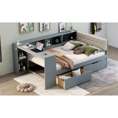 Lit double gris avec tête de lit tapissier, tablettes de rangement, tiroirs et fonction de charge, bois de pin et plateforme intégrés dans les tiroirs