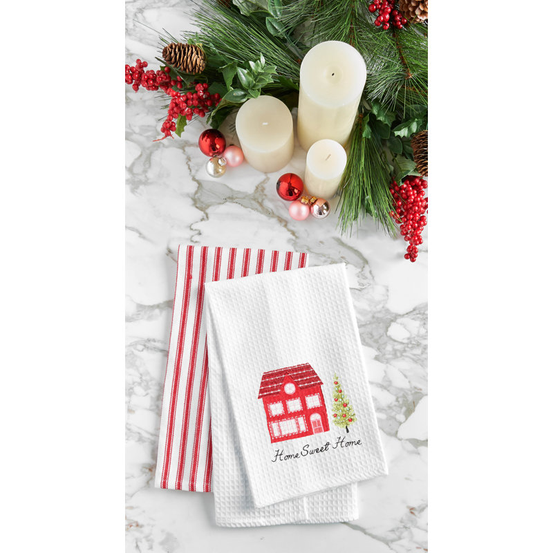 "Home Sweet Home" Christmas Tree & House 100% Cotton Waffle Weave Dishtowel