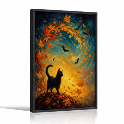 Toile murale d'Halloween : Chat noir et chauves-souris dans un tourbillon de feuilles d'automne