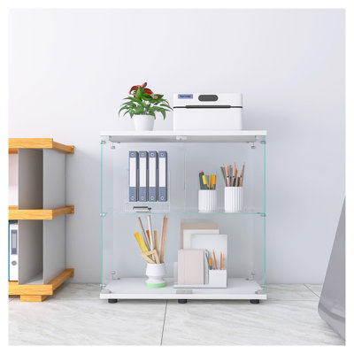 Vitrine blanche à 2 tablettes en verre trempé, bibliothèque de rangement sur pied pour le bureau de la chambre à coucher