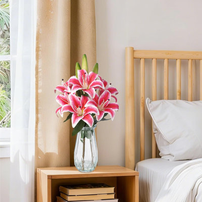 Tech 6 Pcs Real Touch Artificial Tiger Lily Flowers with Vase, 3 Stems 6 Blooms, Faux Flowers Centerpiece for Home Table, Wedding, Baby Shower, Easter & Birthday Party Decor（Rose Red）