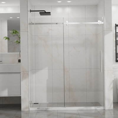 Porte de douche sans cadre, porte coulissante silencieuse en verre l 60 po x H 72 po, verre trempé transparent épais de 1/4 po (6 mm) avec revêtement facile à nettoyer, acier inoxydable 304 robuste, chrome
