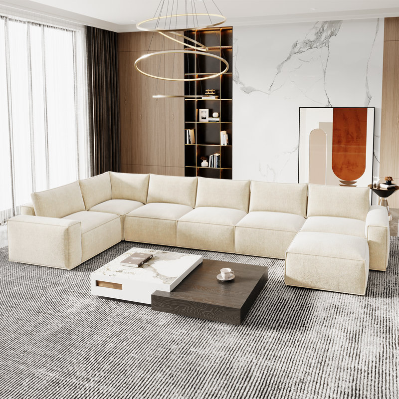 Chenille Modular Compression Sofa Sectional Sofa, Beige Chenille