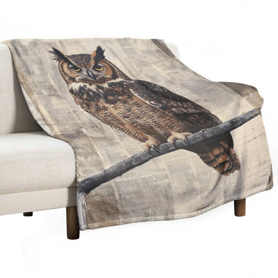 Great Horned Owl Perched on Branch Old Paper Luxury Flannel Throw Blanket, Soft Warm Fuzzy Blanket for Living Room Sofa Bed Home Decor