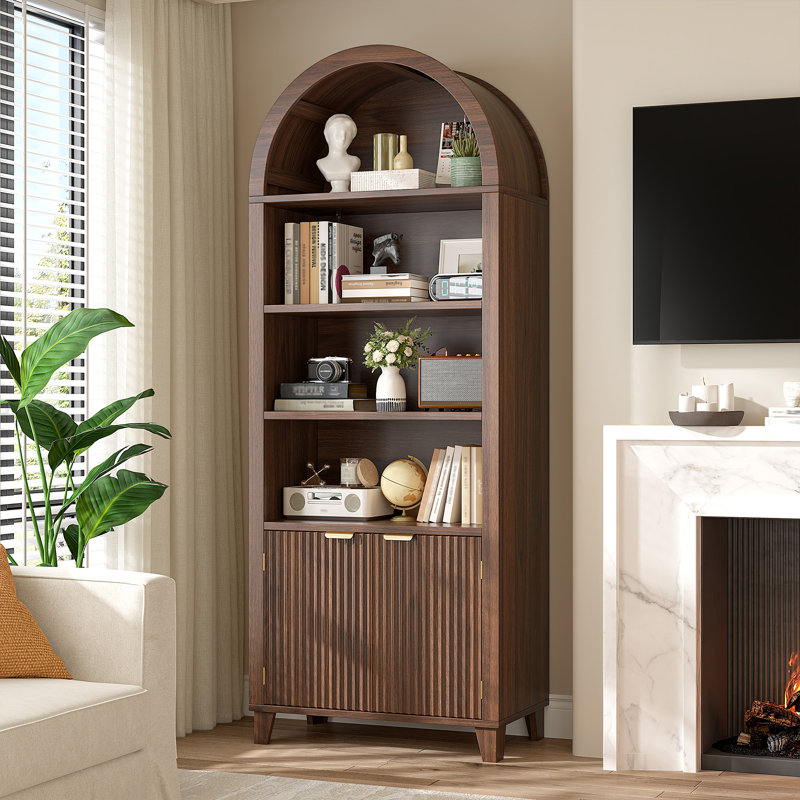 Storage Bookcase/Arched Cabinet With Fluted Doors & Adjustable Shelves – Entryway, Living Room, Dark Brown