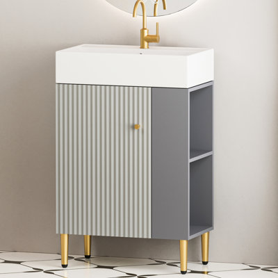 Meuble-lavabo gris avec lavabo en céramique 24vb06-21mgr Accents de cuivre de style contemporain. Bois. Vaste espace de rangement. Teinture - Évier requis de 21,6 po - 24vb06-21mgr. Conception. Artisanat du bois. Hygiénique