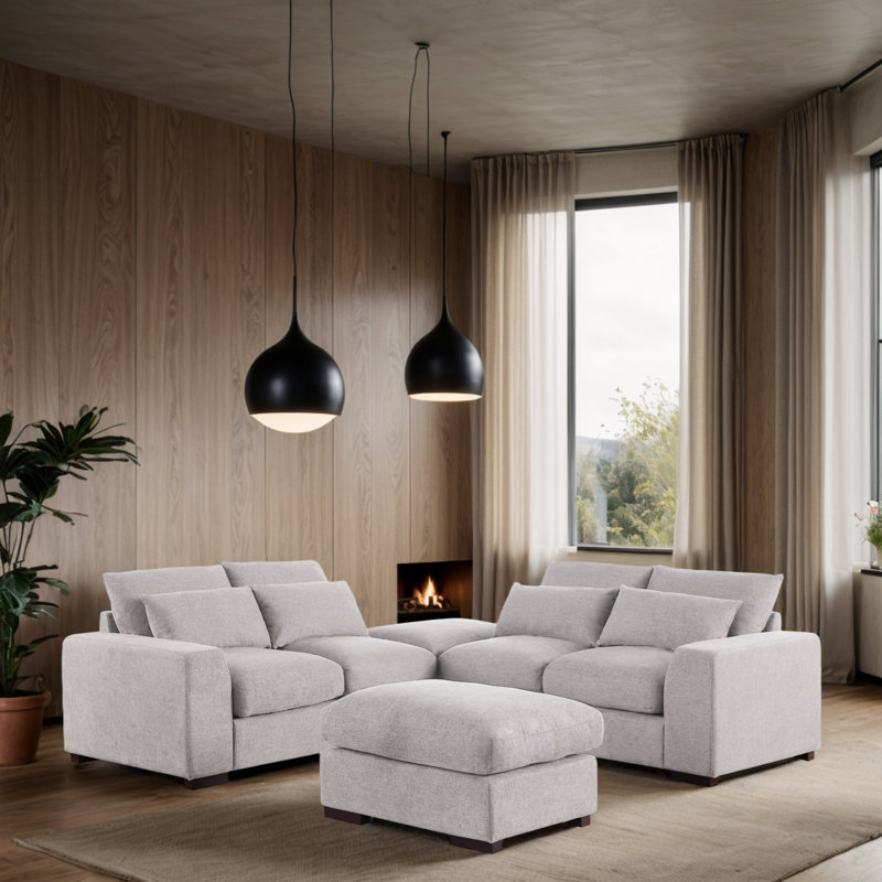 Light Gray Linen-Blend Modular Sectional Sofa with Ottoman