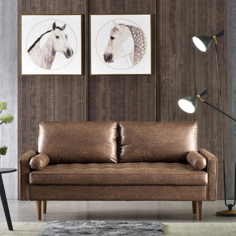 Aisha 70" Faux Leather Square Arm Loveseat, Walnut Brown Faux Leather