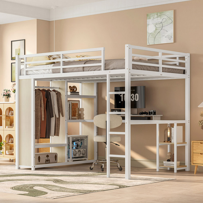 Grand lit mezzanine avec garde-robe, bureau et tablettes, Brun