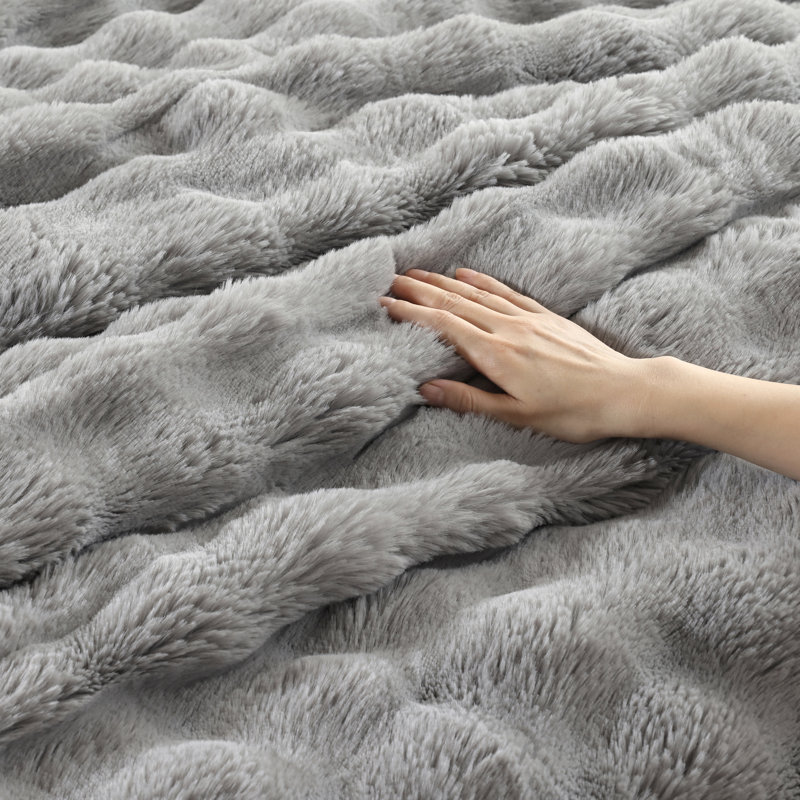 Fluffy Comforter Set 2 Pieces- Ultra Soft & Warm Faux Fur Comforter With One Pillowcase For Winter, Light Gray