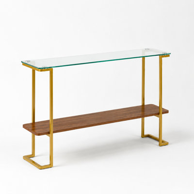 2-Tier Mid-Century Modern Console Table, Versatile Narrow Sofa Table with Smooth Glass Top, Lower Storage Shelf and Sturdy Heavy-Duty Frame