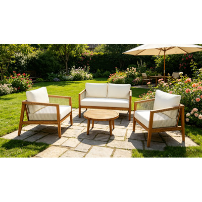 Ensemble de conversation d'extérieur 4 pièces pour patio en bois d'acacia avec corde tissée à la main et coussins hydrofuges
