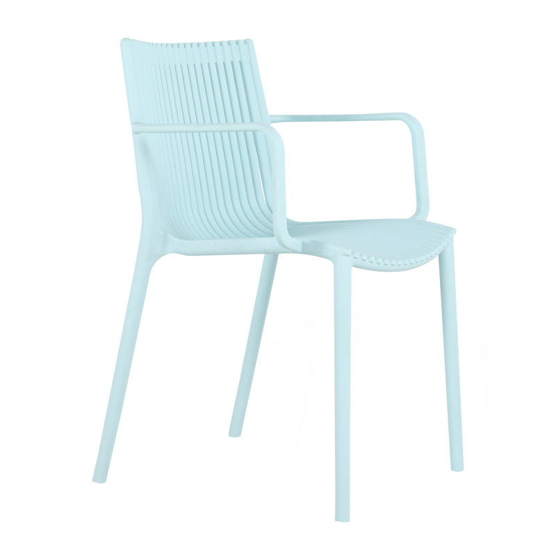Fauteuil empilable 4 pièces bleu clair en PP pour une utilisation intérieure / extérieure - Dossier à lattes ergonomique avec table ronde blanche moderne intérieure / extérieure en PP de 36 pouces