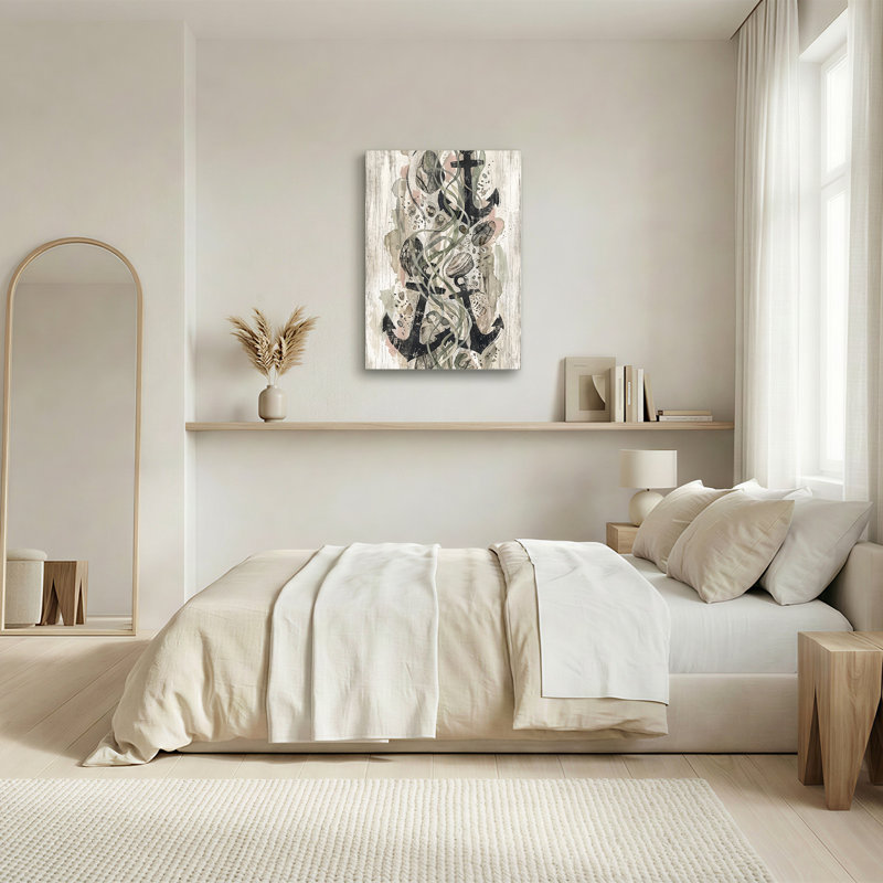 «Black Anchor Silhouettes» et coquillages sur toile de bois blanchie, H 36 po x l 24 po