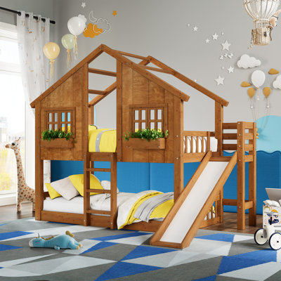 Kids Solid Wood House Bunk Bed With Slide And Guardrails
