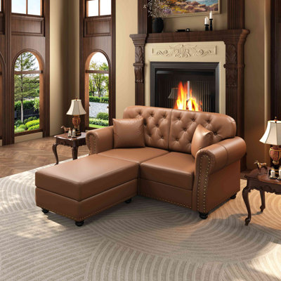 Canapé Chesterfield de 63 po avec garniture cloutée et accoudoirs roulés, canapé de style Mid-Century moderne capitonné avec boutons, inclus 2 coussins