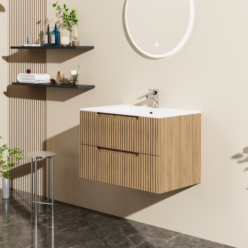 Meuble-lavabo mural de 30 po avec design flottant, tiroirs à fermeture en douceur, finition noyer, espace de rangement spacieux pour les articles essentiels 30 po en noyer, système de fermeture en douceur, grand Mid-Century moderne