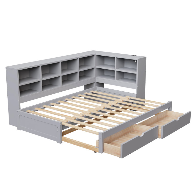 Twin XL to King Size Daybed with Storage Drawers, Cabinets, LED Lighting & USB Ports – Multi-Functional Bed, Gray, Gray