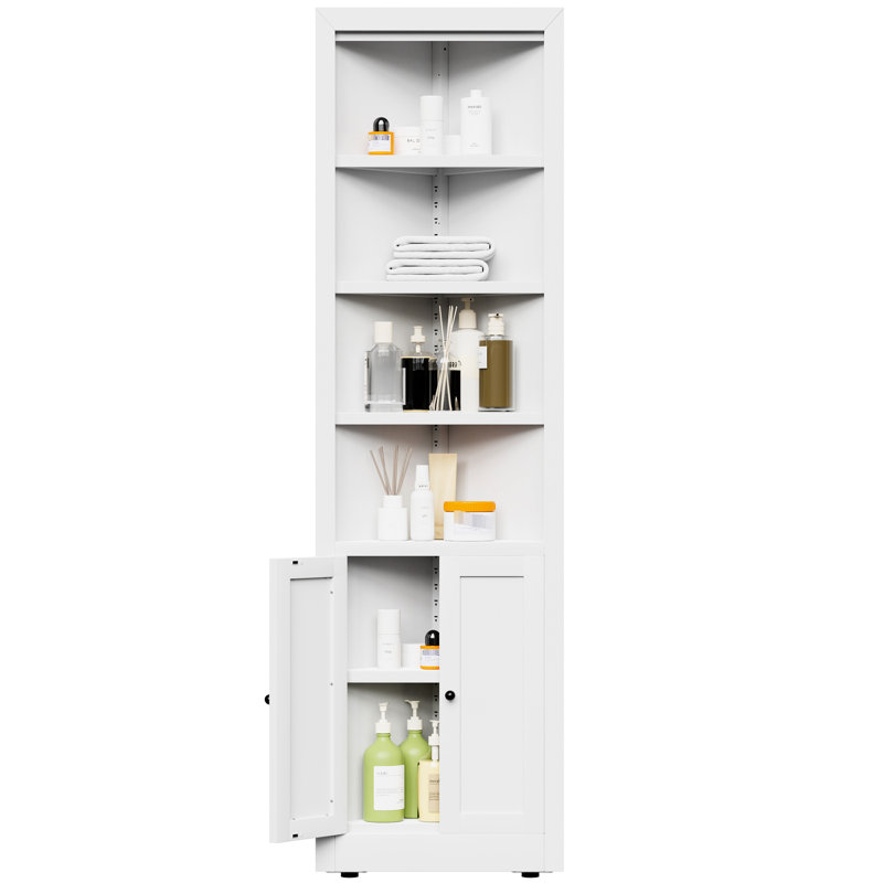 71 Tall Freestanding White Metal Corner Storage With 5 And 2 Doors For Kitchen, Living Room, Bathroom Organization Furniture Adjustable Shelves Space Saving In