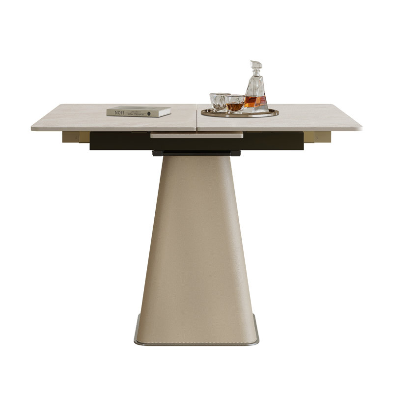 Table de salle à manger rétractable à dalle de roche pliante, table carrée extensible moderne avec base en acier inoxydable revêtue de cuir, table de cuisine à double usage peu encombrante