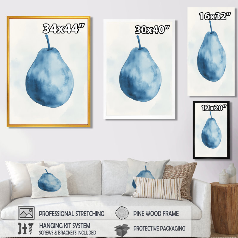 «Cool Blue Minimal Pear Fruit Study I», décoration murale artistique bleue, Cadre flottant noir, H 20 po x l 12 po