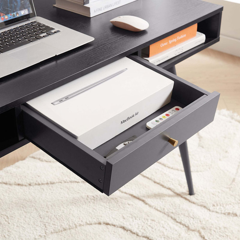 Bureau Mid-Century avec ports USB et prise de courant, bureau d'écriture moderne avec tiroirs, bureau d'ordinateur multifonctionnel