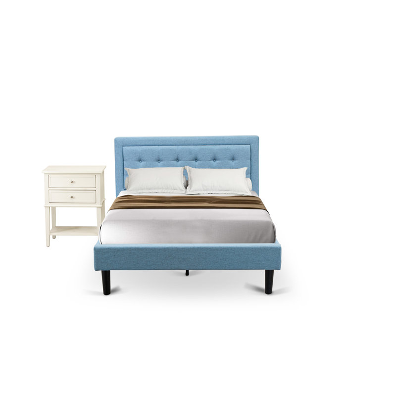 Denim Blue Upholstered Full Bed with Nightstand Set