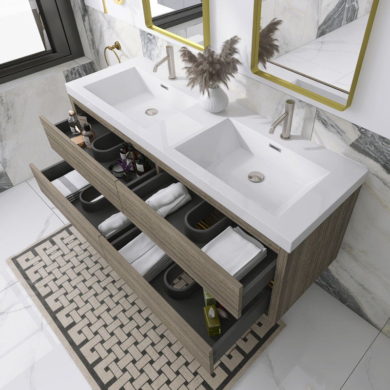 Meuble-lavabo mural 60 po avec lavabo, Bois de frêne gris
