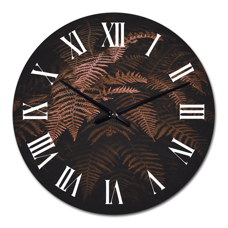 Fougère brune brune sur fond noir - horloge murale tropicale, Moyen