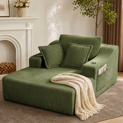  Méridienne surdimensionnée de 67 po pour l'intérieur, sans chaise longue, avec porte-gobelets, poches latérales, 3 coussins, canapé-lit en velours côtelé Cloud, canapé-lit pour salon, sans assemblage requis, vert