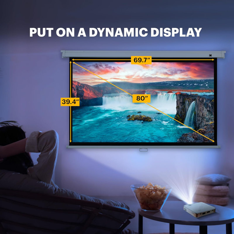 Kodak Manual Pull Down Projector Screen, Large 16:9 Retractable Projector Screen, 80"