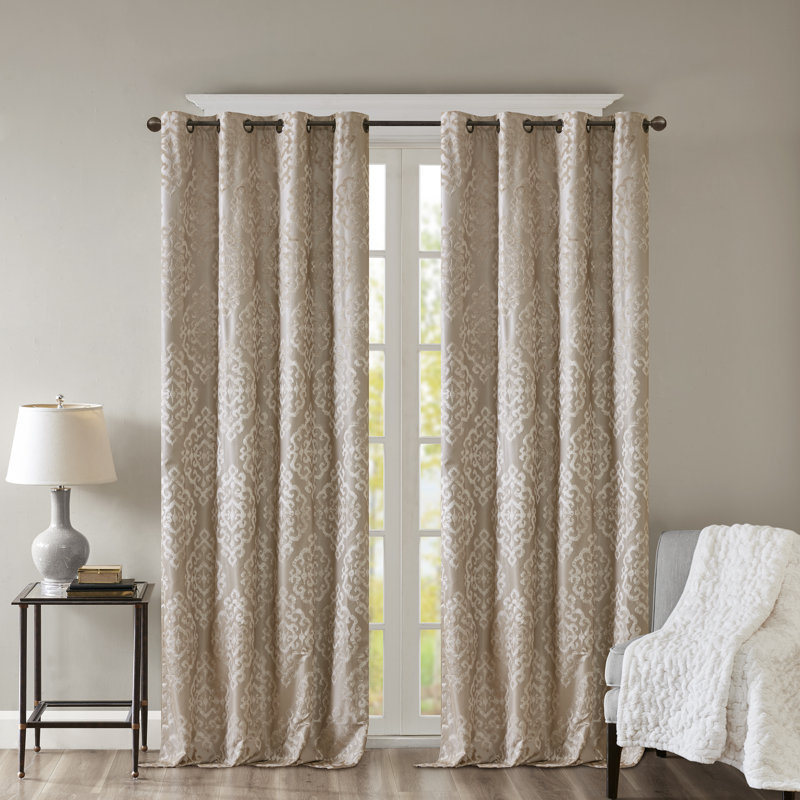 Mirage Damask Total Blackout Thermal Grommet Single Curtain Panel, 50" W x 84" L, Champagne