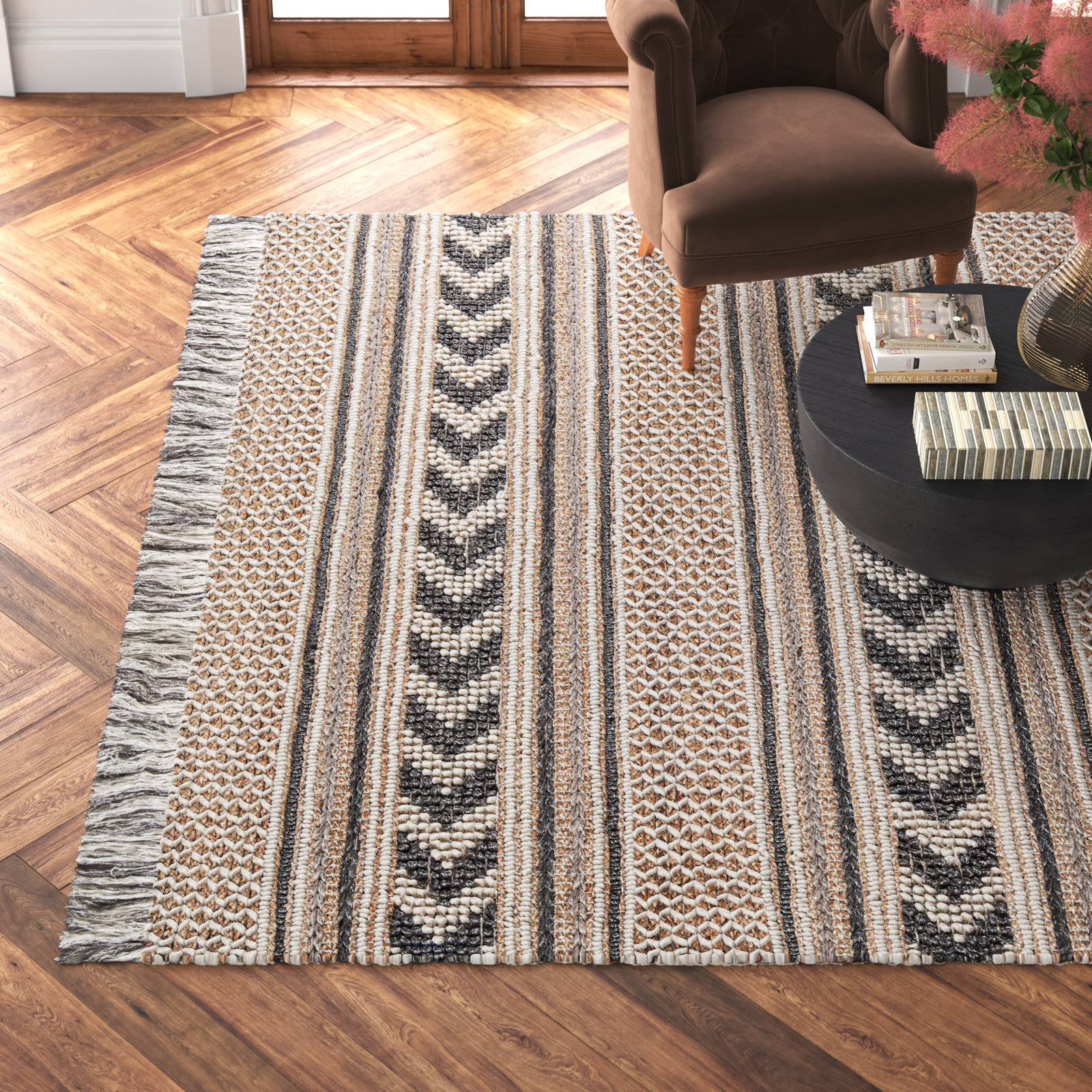 Alberta Beige Gray Hand-Woven Southwestern Jute Rug, Rectangle 8' x 10'