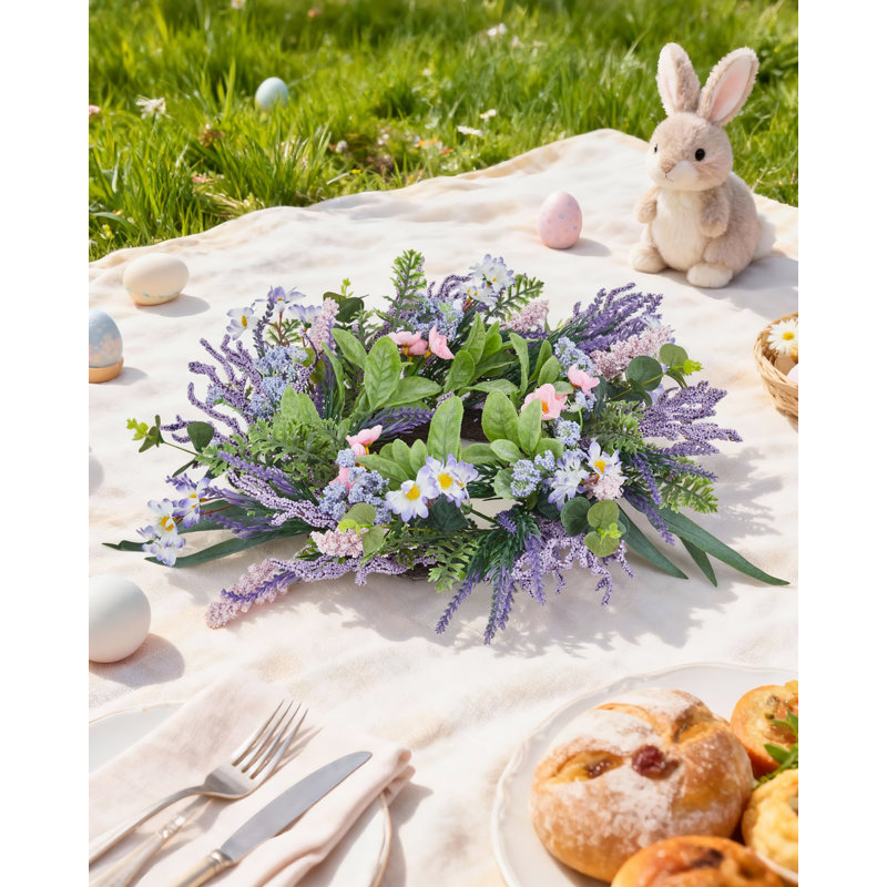 20" Spring Floral Wreath – Lavender & Blossom Décor with Rattan Base