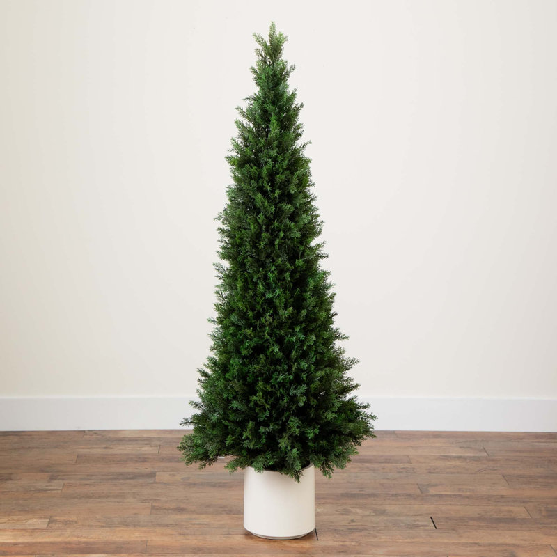 Cèdre artificiel résistant aux rayons UV dans un pot décoratif blanc (intérieur / extérieur), H 60 po x l 20 po x P 20 po