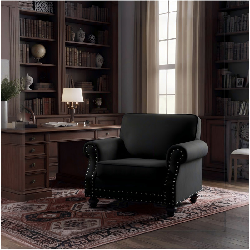 Chaise d'appoint classique en velours avec pieds tournés en bois massif et fauteuil rembourré, Black Velvet