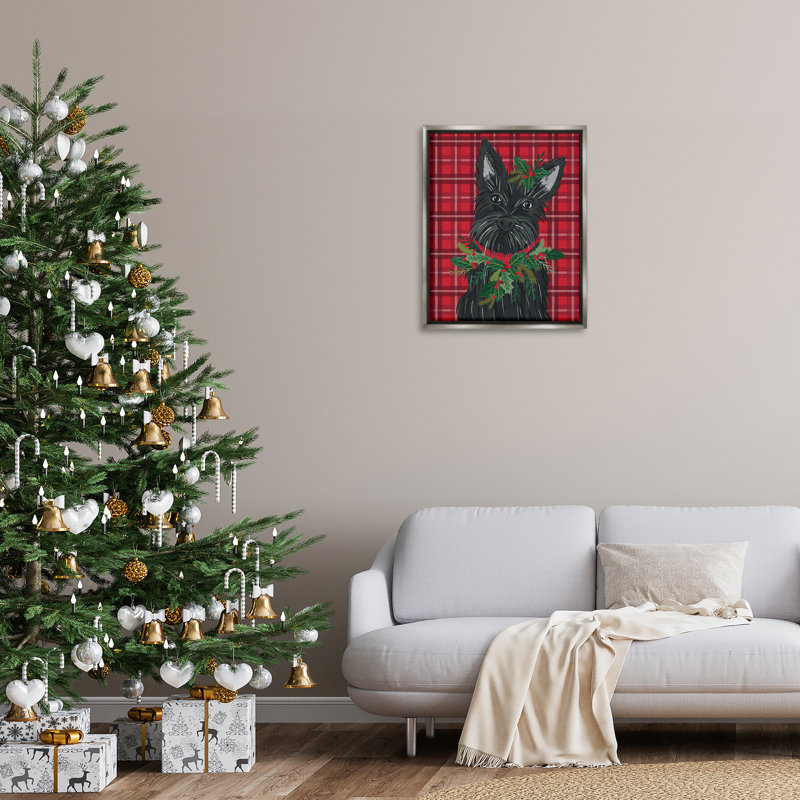«Scottie Dog on Red Plaid», art par Lisa Perry White bouton, H 31 po x l 25 po, Cadre flottant gris lustré