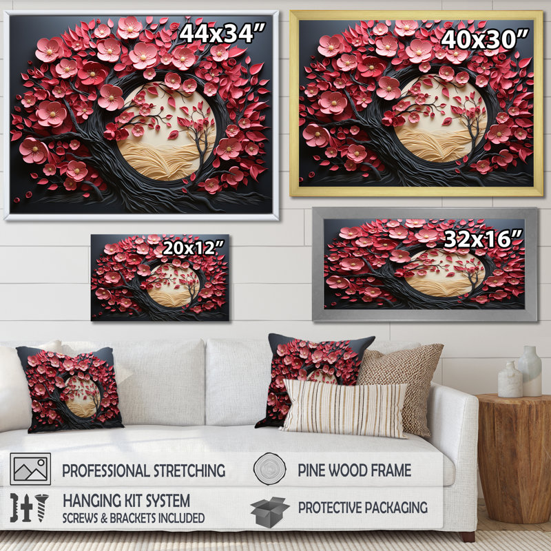 Élégant arbre floral orchidée rose et blanc I - arbre, art mural, Cadre d'angle fermé noir, H 12 po x l 20 po x P 1 po