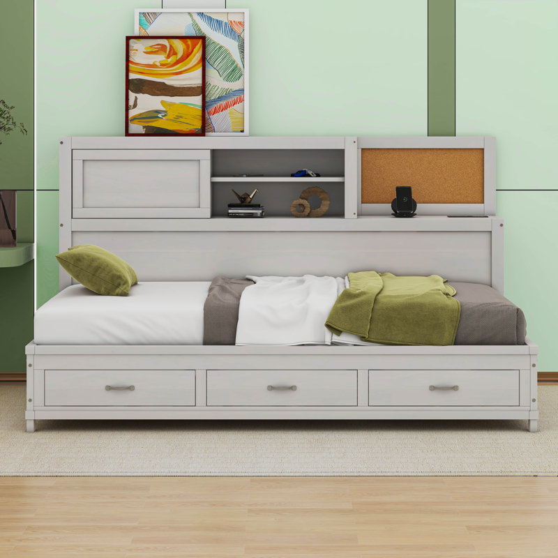 Lit de jour simple en bois avec 3 tiroirs, tablette souple supérieure, tablette, prises et ports USB, Blanc