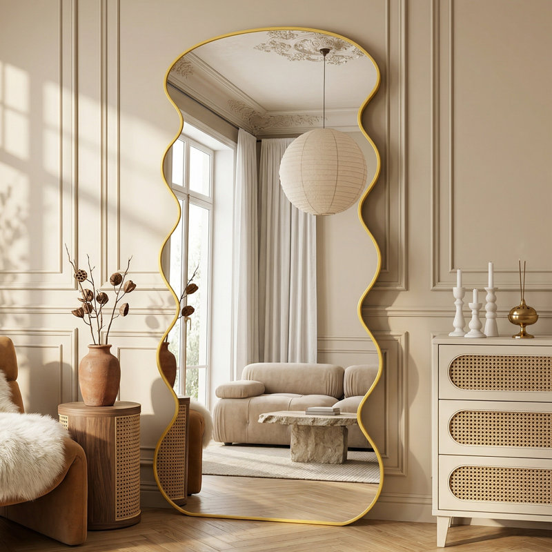 Miroir surdimensionné arqué en métal surdimensionné, Doré, 76 po x 34 po