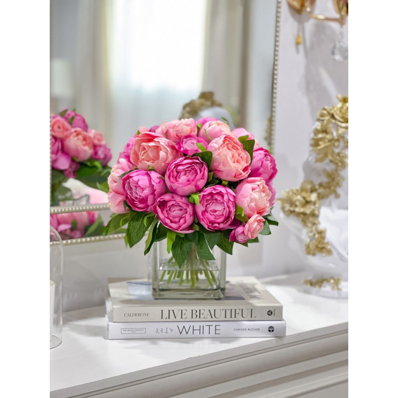 Fuchsia Pink Modern Fuchsia Peonies In Glass Vase – Luxury Faux Flowers For Home Decor, Fuchsia Pink