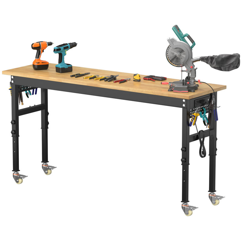 70'' Solid Wood Top Height-Adjustable Workbench with Wheels & Power Outlet & Pegboard
