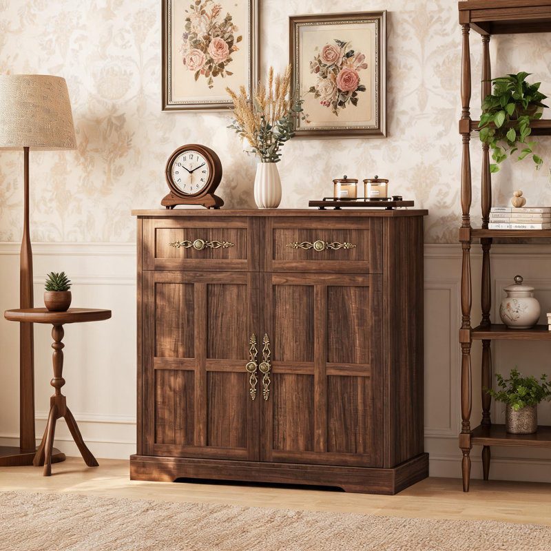 Buffet de 33 pouces, avec 2 portes, 2 tiroirs et tablettes réglables., Brown