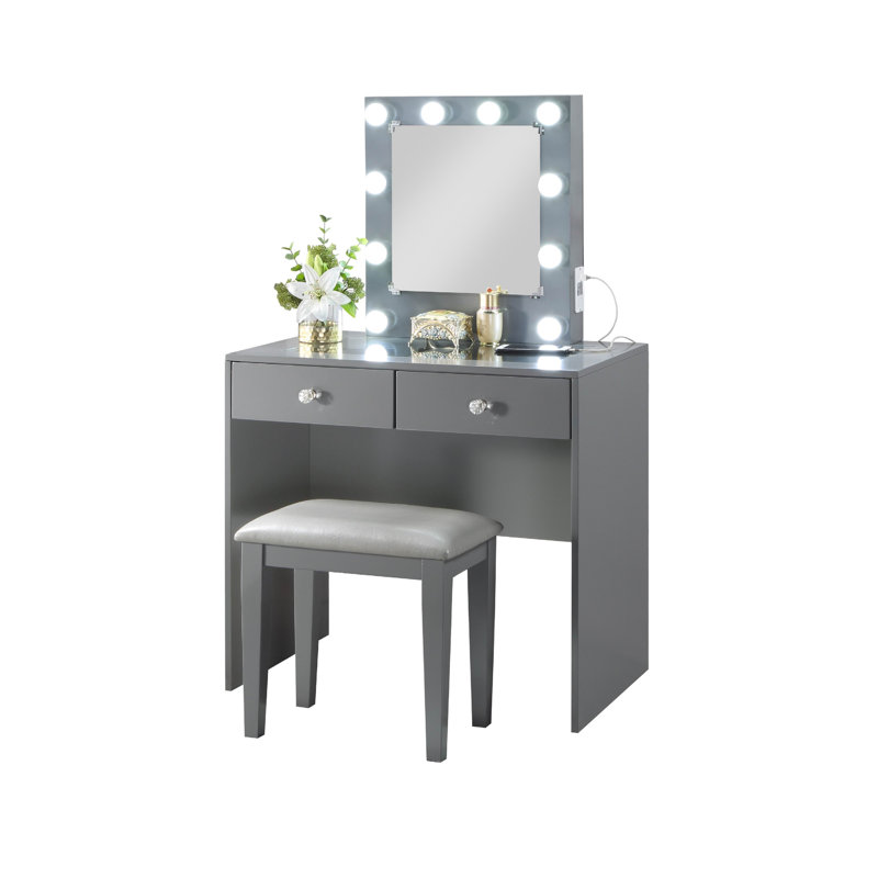 Ensemble coiffeuse et tabouret de maquillage Hudi, 10 lumières, prise de courant USB, , Gris