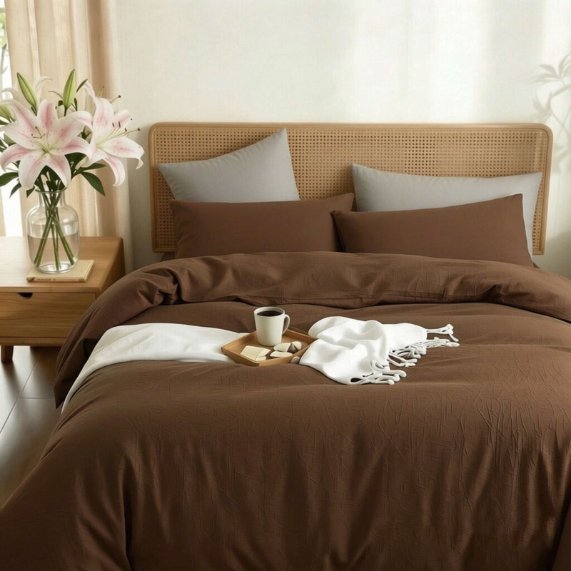Ensemble de housse de couette 100% coton délavé XINMIANFANG, Housse de couette double / grand + 2 taies d'oreil, Brun cacao