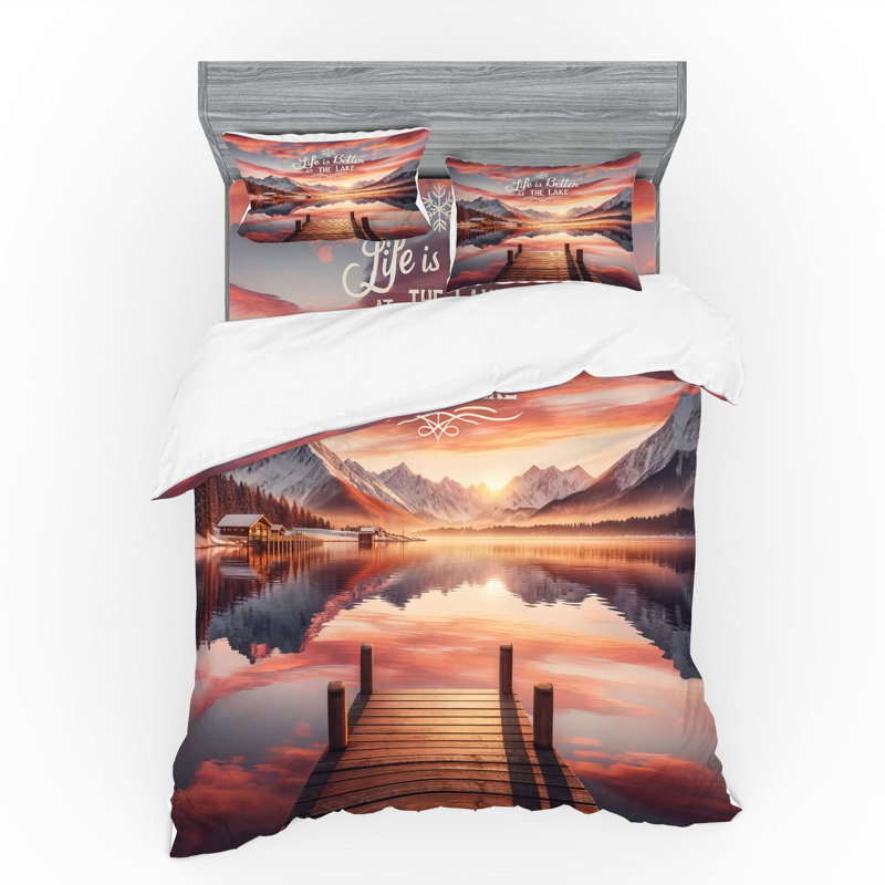 Ensemble de literie Ambesonne Lake & Salmon - mauve / gris, Housse de couette très grand lit californien + 3
