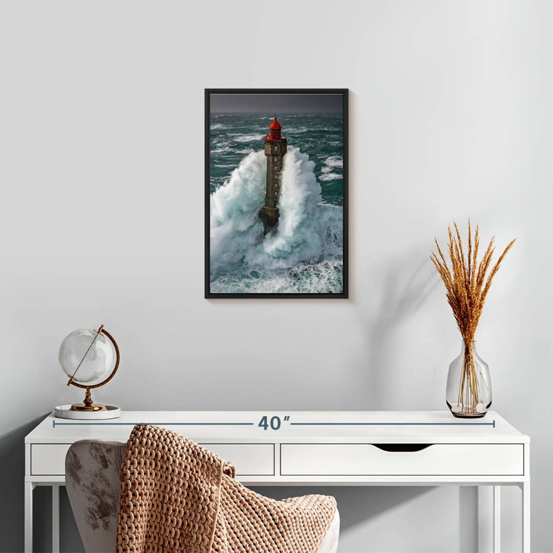Tempête au phare de La Jument, 13 po x 19 po, Cadre flottant noir