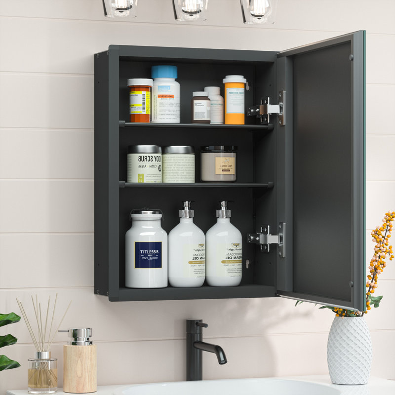Husai Recessed or Surface Mount Aluminum Frameless Medicine Cabinet With Mirrored Door and Adjustable Shelves, Black