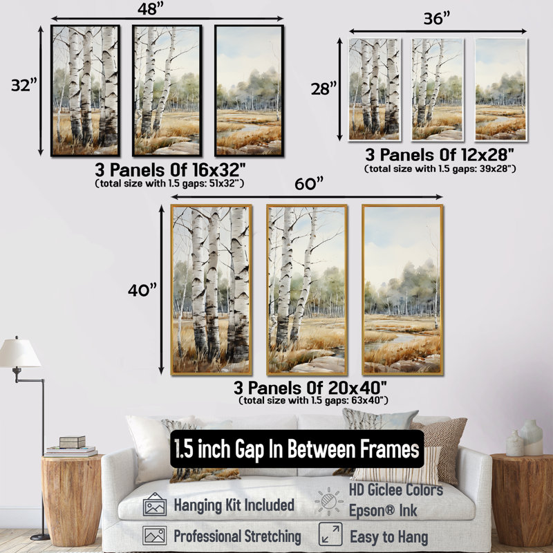 Ensemble d'art mural en toile beige et gris avec bouleau, Cadre flottant doré, H 28 po x l 36 po x P 1 po
