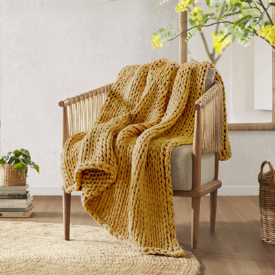 Couverture jetée jaune en grosse maille double, 127 x 152 cm, faite à la main